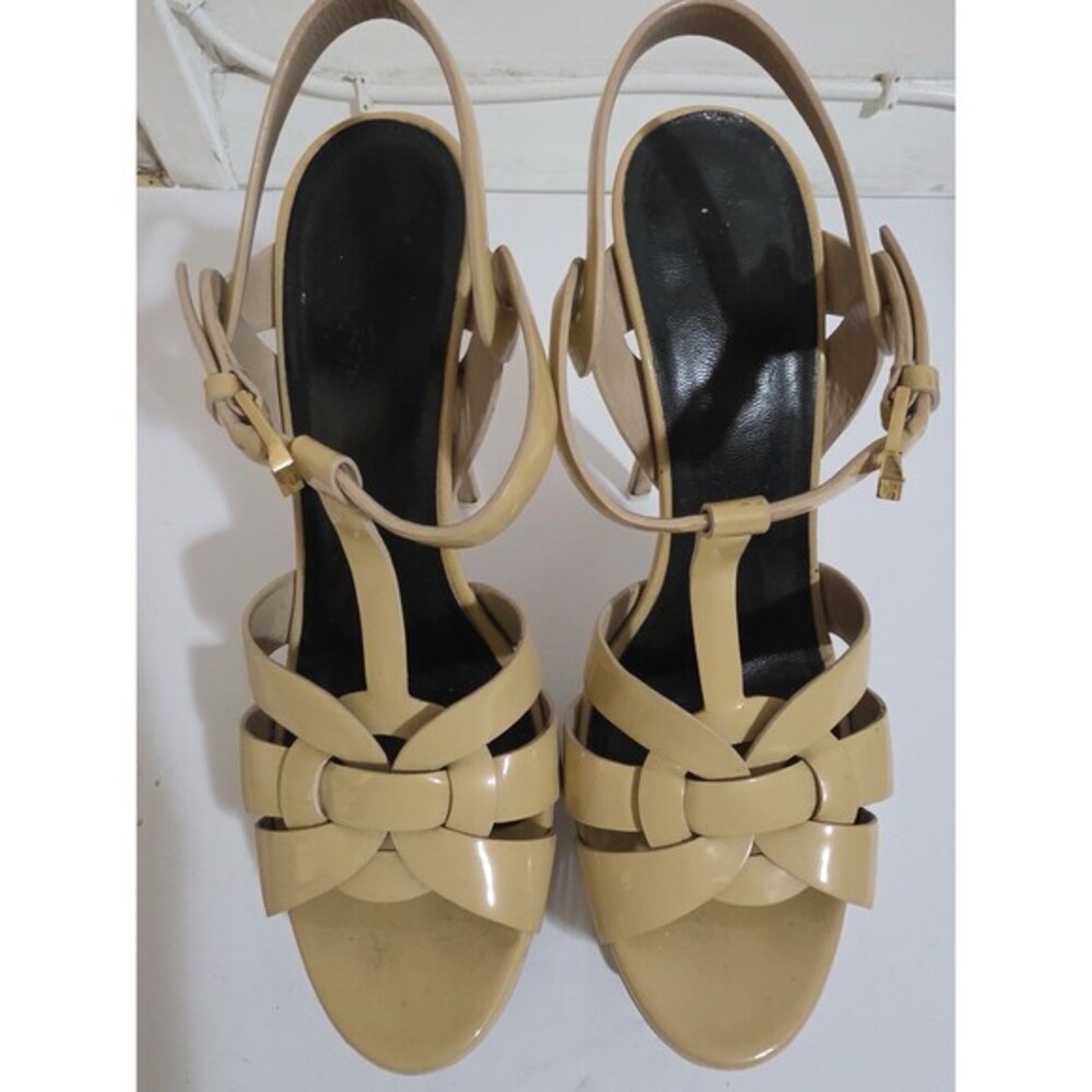 Saint Laurent YSL Tribute Platform Sandals – Nude Patent Leather – Size 37